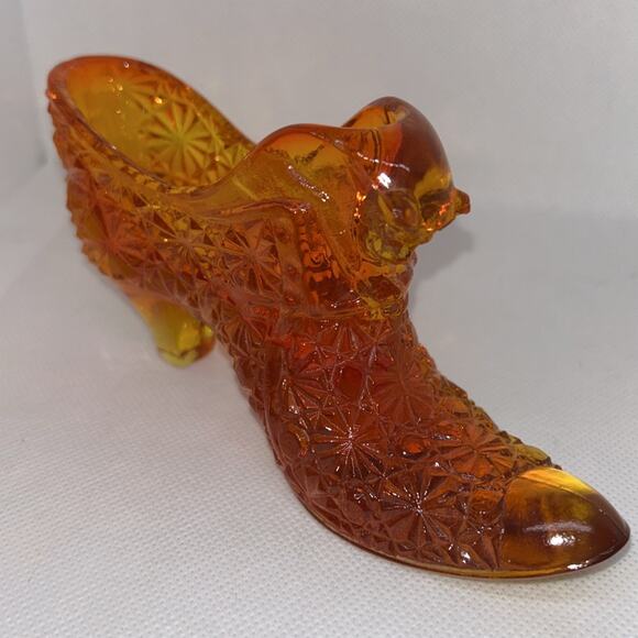 Fenton Daisy and Button Amberina Glass Slipper Shoe W/ Cat Glows Vintage - Picture 7 of 14